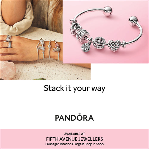 Pandora bracelet image with a background image of an set of five Pandora stacked bracelets