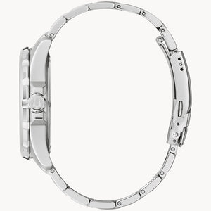 Close-up of a silver watch band on a white background