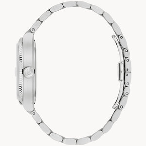Silver watch with a detailed band on a white background