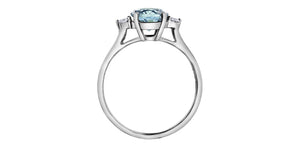 Profile of a white gold ring with a blue gemstone on a white background in Kamloops BC