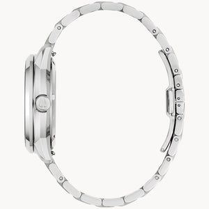 Close-up of a silver watch band on a white background