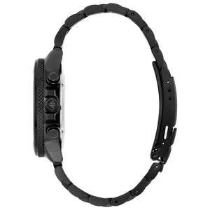 Black watch with a detailed band design on a white background