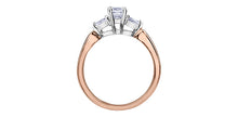 Load image into Gallery viewer, Rose gold ring with three diamond stones on a white background
