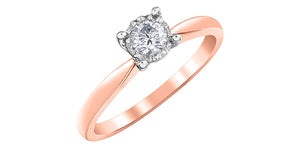 Rose gold ring with a diamond on a white background at an angle