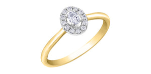 Gold ring with a diamond halo on a white background