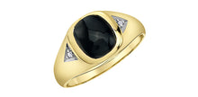 Load image into Gallery viewer, Gold ring with a black gemstone and small diamonds on a white background
