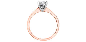 Rose gold ring with a diamond on a white background in profile