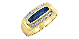 Gold ring with blue stone and diamonds on a white background