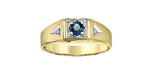 Load image into Gallery viewer, Gold ring with a central blue gemstone and triangular diamond accents on a white background
