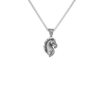 Load image into Gallery viewer, Silver horse head pendant on a chain against a white background
