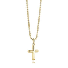 Load image into Gallery viewer, Gold cross necklace on a white background
