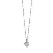 Load image into Gallery viewer, A silver heart pendant necklace paved with small clear stones, hanging from a delicate silver chain against a plain white background.
