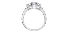 Load image into Gallery viewer, White Gold ring with three diamonds on a white background in profile
