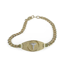 Load image into Gallery viewer, Gold plated medic alert bracelet with a silver medical symbol on a white background
