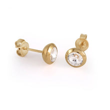 Load image into Gallery viewer, Gold stud earrings with clear gemstones on a white background
