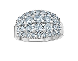 White gold ring with multiple layers of diamonds on a white background