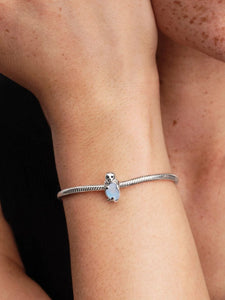 Silver bracelet with a seal-shaped charm on a wrist against a neutral background