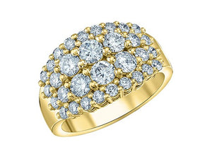 Gold ring with multiple diamonds on a white background