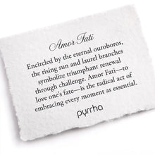 Load image into Gallery viewer, White card with text about &#39;Amor Fati&#39; and &#39;pyrrha&#39; on a white background
