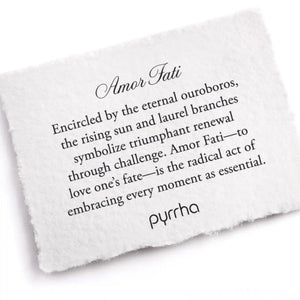 White card with text about 'Amor Fati' and 'pyrrha' on a white background