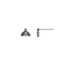 Load image into Gallery viewer, Silver bee-shaped earrings on a white background
