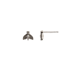 Silver bee-shaped earrings on a white background