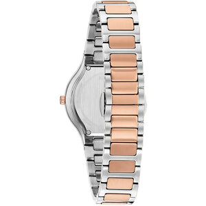 Two-tone watch with rose gold and silver band on a white background
