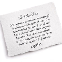 Load image into Gallery viewer, White card with engraved text about &#39;Feel the Fear&#39; talisman by pyrrha
