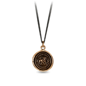 Necklace with a bronze round pendant featuring a lion emblem on a white background