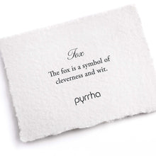 Load image into Gallery viewer, White card with text about the fox and brand name &#39;pyrrha&#39; on a white background
