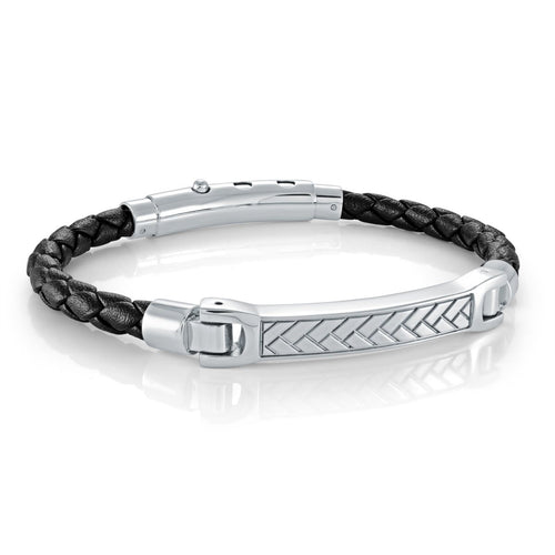 Herringbone Design Black Leather Bracelet - Fifth Avenue Jewellers
