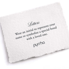 Load image into Gallery viewer, White card with text about wearing initials and brand name 'pyrrha' on a white background
