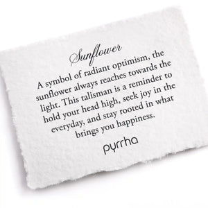White card with black text about sunflowers and a brand name on a white background
