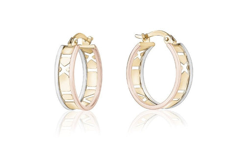 Tri Colour Roman Numeral Huggie Earrings - Fifth Avenue Jewellers