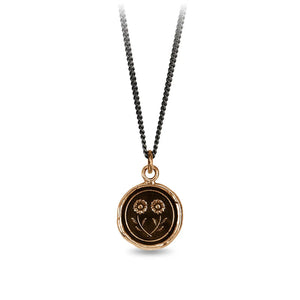 Necklace with a bronze pendant featuring a sunflower design on a white background