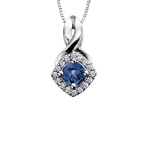 Load image into Gallery viewer, Diamond Halo Birthstone Necklace September Sapphire Fifth Avenue Jewellers
