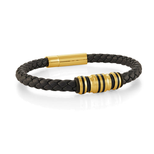 Mens Black & Gold Slim Leather Cuff Bracelet - Fifth Avenue Jewellers