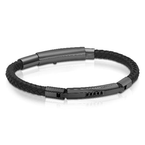 Mens Black Leather Adjustable Bracelet SLB278 - Fifth Avenue Jewellers