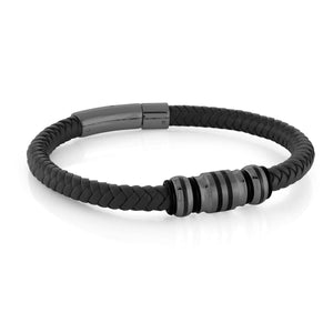Mens Black Leather Bracelet With Gun-Metal Beads - Fifth Avenue Jewellers