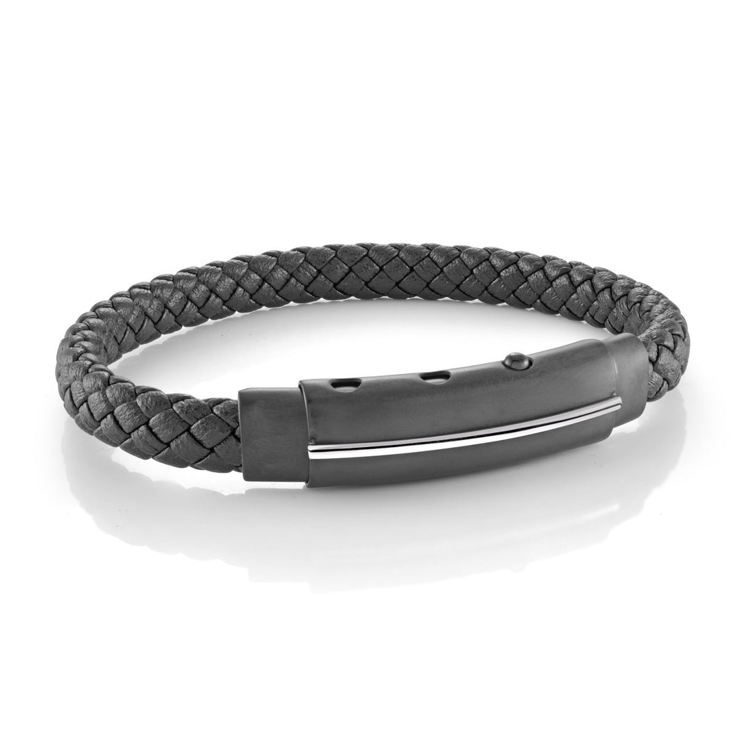 Mens Black Leather & Stainless Steel Bracelet - Fifth Avenue Jewellers