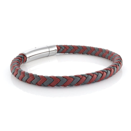 Men's Grey & Red Braided Leather Bracelet - Fifth Avenue Jewellers