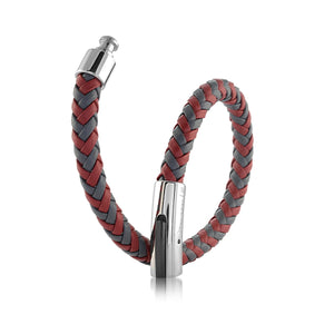 Men's Grey & Red Braided Leather Bracelet - Fifth Avenue Jewellers