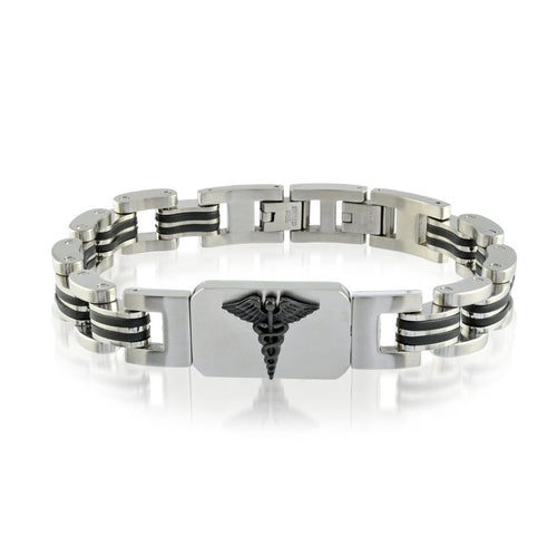 Mens Stainless Steel & Black Rubber Medic Alert Bracelet SMAB29 - Fifth Avenue Jewellers