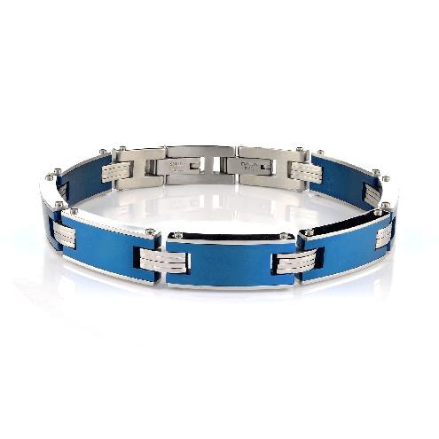 Mens Steel & Blue Ion Plated Extendable Bracelet SMB333 - Fifth Avenue Jewellers