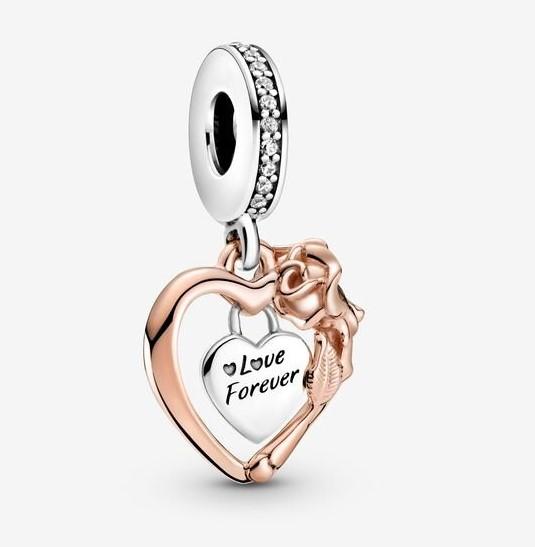 Pandora Heart & Rose Flower Dangle Charm - Fifth Avenue Jewellers