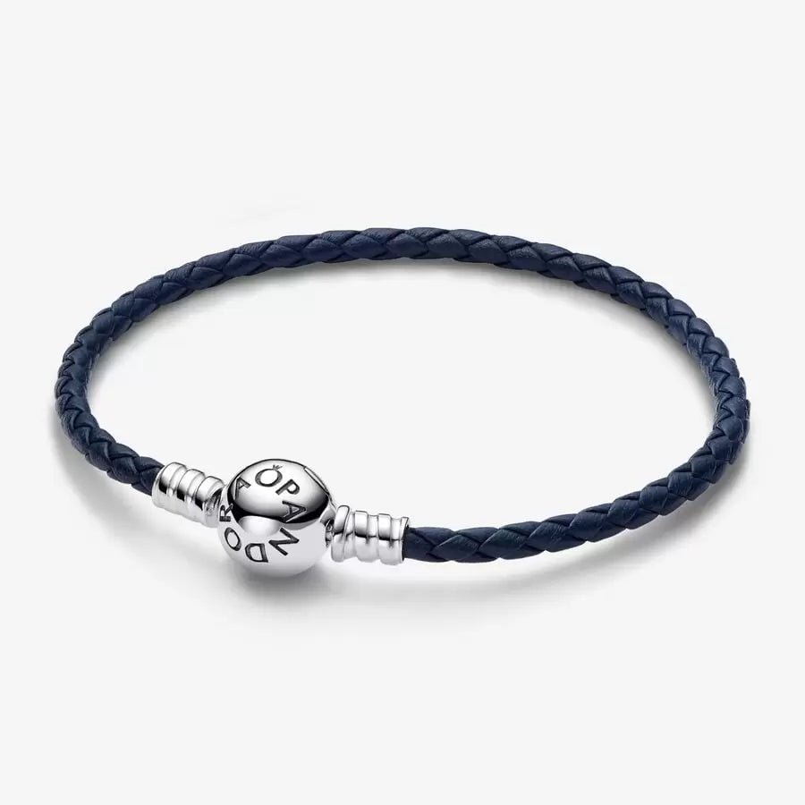 Pandora Moments Round Clasp Blue Braided Leather Bracelet - Fifth Avenue Jewellers