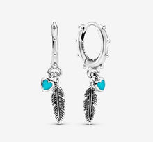 Load image into Gallery viewer, Pandora Turquoise Hearts &amp; Feather Hoop Earrings - Fifth Avenue Jewellers
