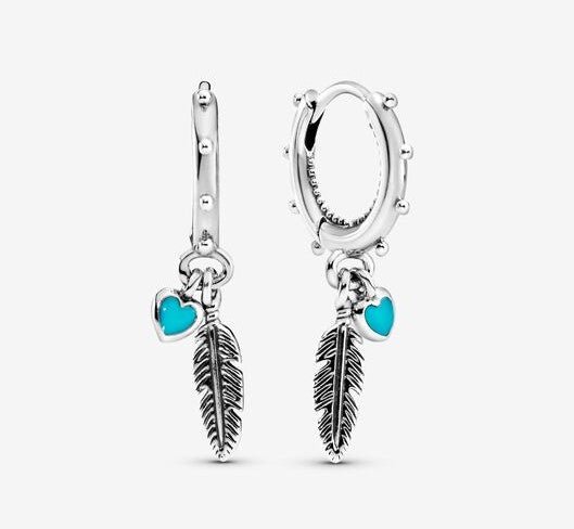 Pandora Turquoise Hearts & Feather Hoop Earrings - Fifth Avenue Jewellers