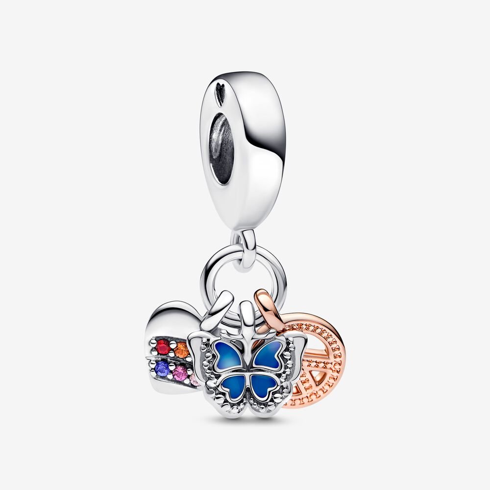 Pandora Two-Tone Rainbow Heart, Butterfly & Peace Triple Dangle Charm - Fifth Avenue Jewellers