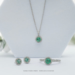 Round Emerald With Diamond Halo Necklace - Fifth Avenue Jewellers